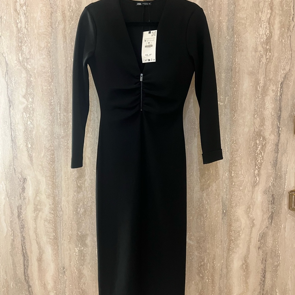 NWT Zara Black Midi Dress with Ruched Bodice and Zipper